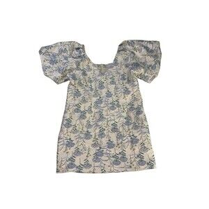 Adelyn Rae Cream/Blue Floral Dress Metallic Jacquard V Neck Puff Sleeve XL Mini